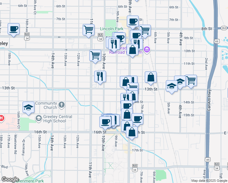 map of restaurants, bars, coffee shops, grocery stores, and more near 1303 9th Avenue in Greeley
