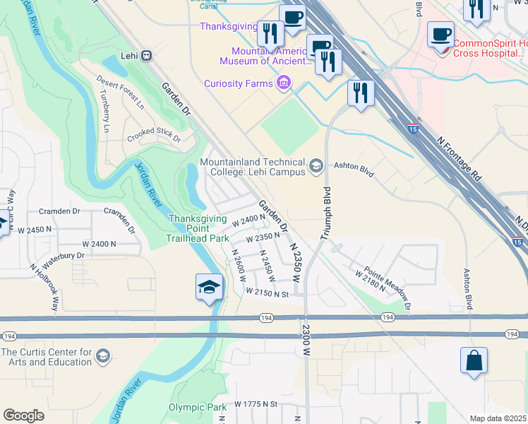 map of restaurants, bars, coffee shops, grocery stores, and more near 2464 West 2400 North in Lehi