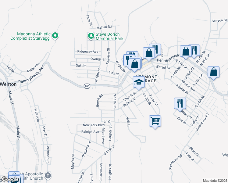 map of restaurants, bars, coffee shops, grocery stores, and more near 105 Church Street in Weirton
