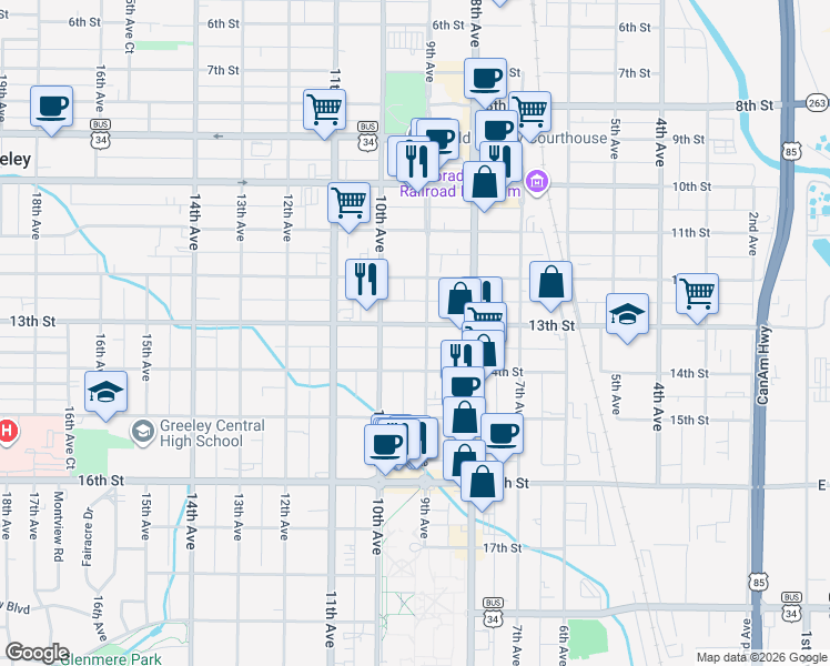 map of restaurants, bars, coffee shops, grocery stores, and more near 1324 9th Avenue in Greeley