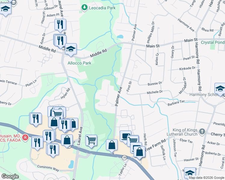map of restaurants, bars, coffee shops, grocery stores, and more near 114 Gettysburg Lane in Holmdel