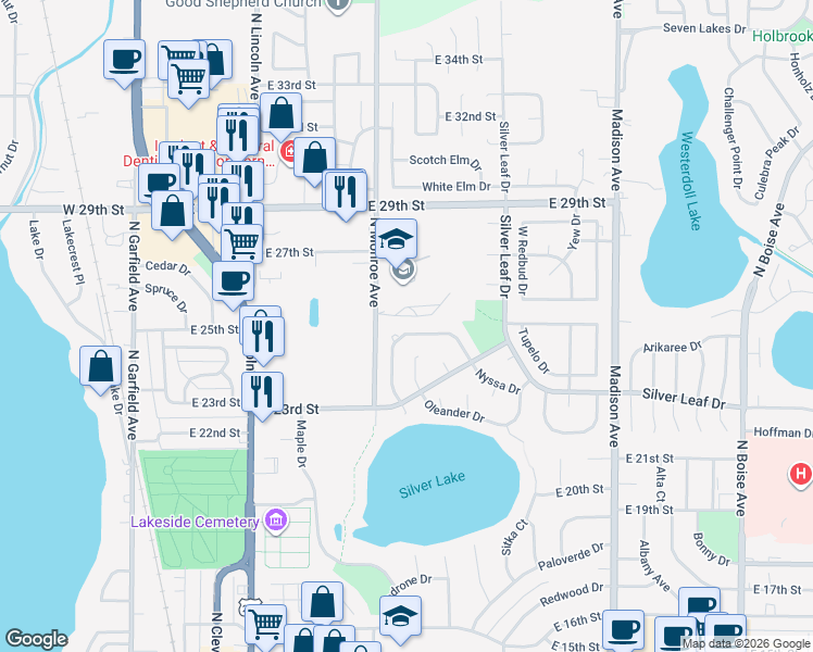 map of restaurants, bars, coffee shops, grocery stores, and more near 2447 Nyssa Drive in Loveland