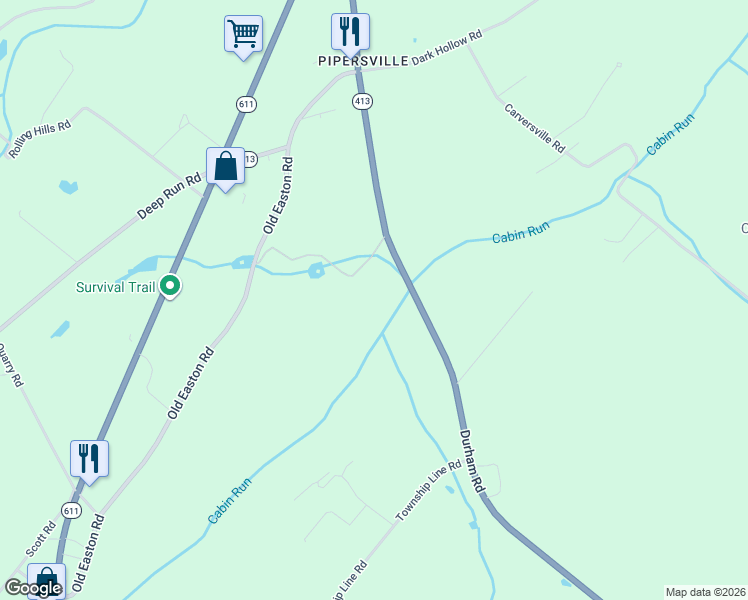 map of restaurants, bars, coffee shops, grocery stores, and more near 6398 Durham Road in Bucks County