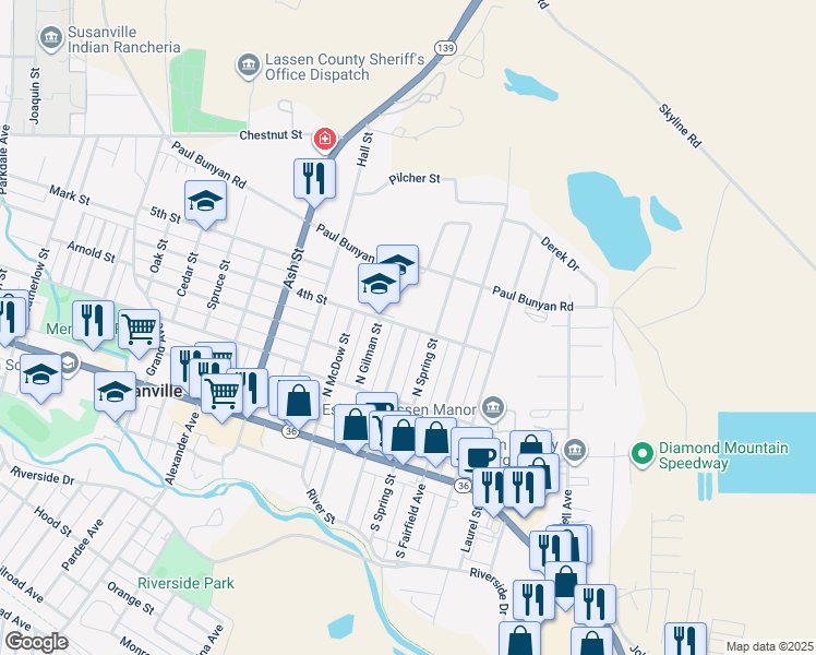 map of restaurants, bars, coffee shops, grocery stores, and more near 2005 4th Street in Susanville