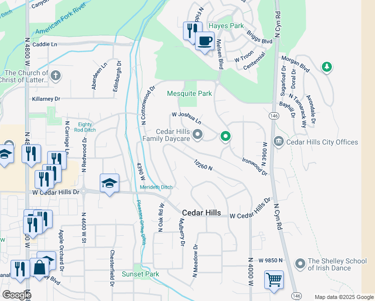 map of restaurants, bars, coffee shops, grocery stores, and more near 4229 West Sandalwood Drive in Cedar Hills