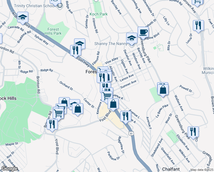map of restaurants, bars, coffee shops, grocery stores, and more near 2215 Ardmore Boulevard in Pittsburgh