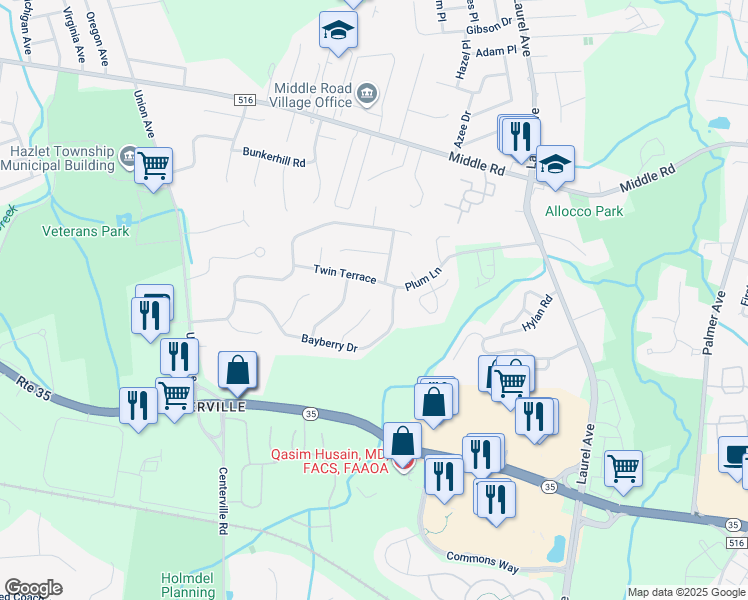 map of restaurants, bars, coffee shops, grocery stores, and more near 12 Dakota Court in Holmdel