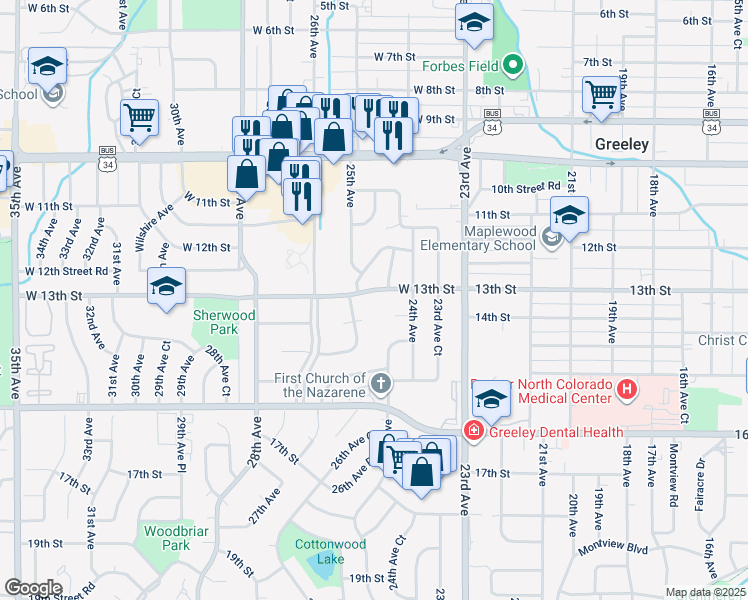map of restaurants, bars, coffee shops, grocery stores, and more near 2428 West 14th Street in Greeley