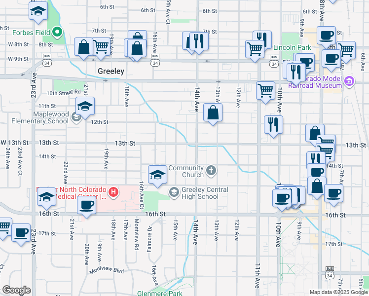 map of restaurants, bars, coffee shops, grocery stores, and more near 1414 13th Street in Greeley