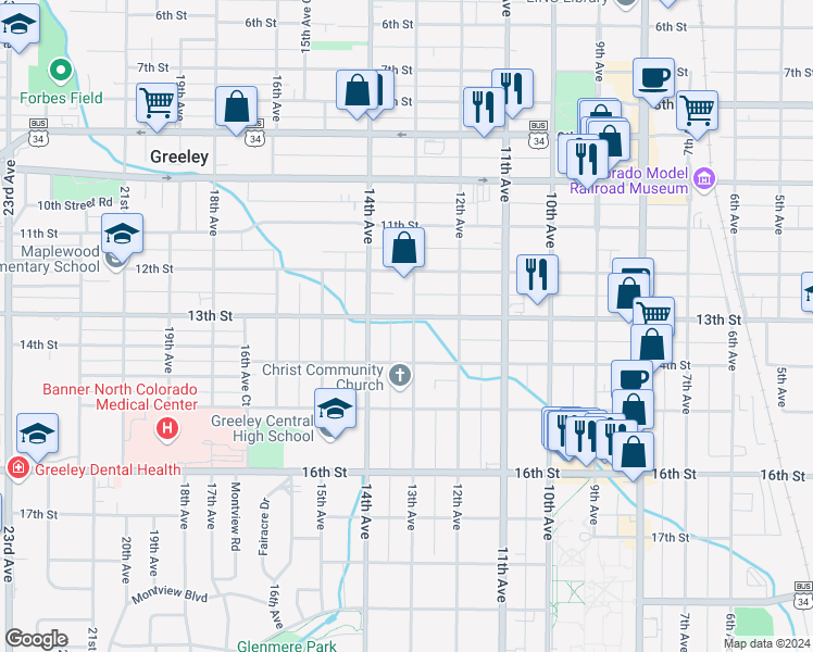 map of restaurants, bars, coffee shops, grocery stores, and more near 1301 14th Street in Greeley