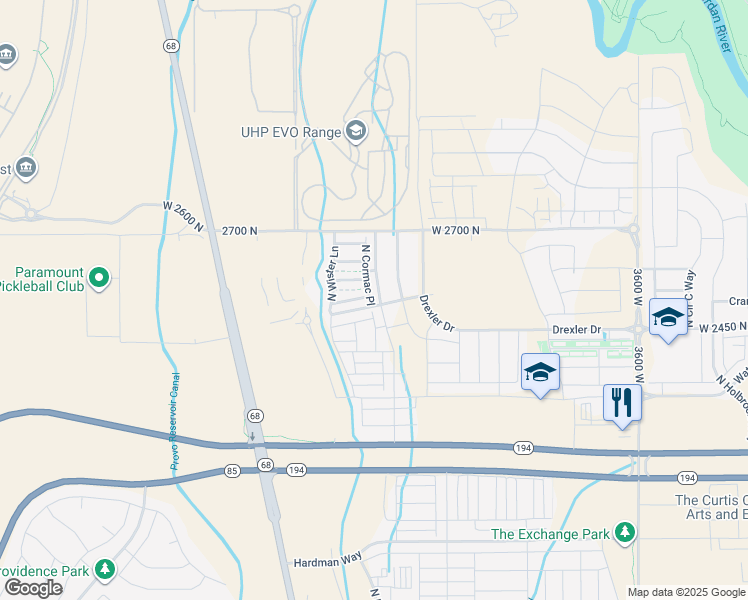 map of restaurants, bars, coffee shops, grocery stores, and more near 2436 Alesund Way in Lehi