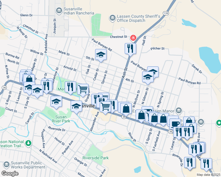 map of restaurants, bars, coffee shops, grocery stores, and more near 299 Park Street in Susanville
