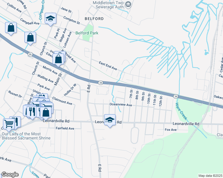 map of restaurants, bars, coffee shops, grocery stores, and more near 614 Wedgewood Circle in Belford