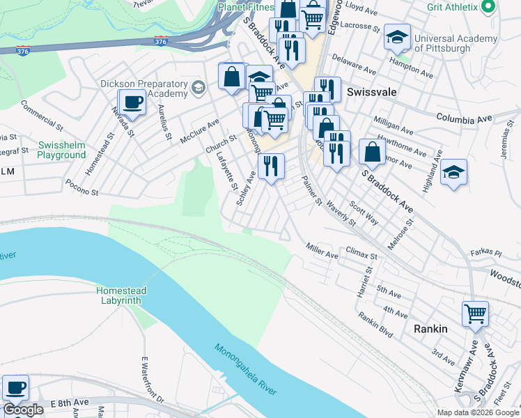 map of restaurants, bars, coffee shops, grocery stores, and more near 7306 Denniston Avenue in Pittsburgh