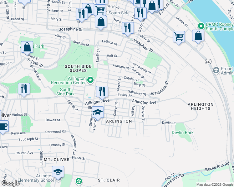 map of restaurants, bars, coffee shops, grocery stores, and more near 2506 Arlington Avenue in Pittsburgh