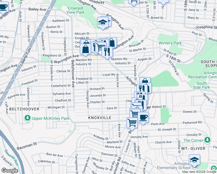 map of restaurants, bars, coffee shops, grocery stores, and more near 217 Jucunda Street in Pittsburgh