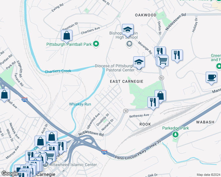 map of restaurants, bars, coffee shops, grocery stores, and more near 969 Bell Avenue in Carnegie