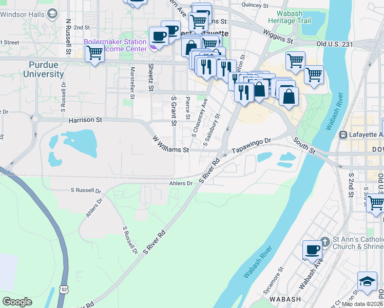 map of restaurants, bars, coffee shops, grocery stores, and more near 428 South Chauncey Avenue in West Lafayette