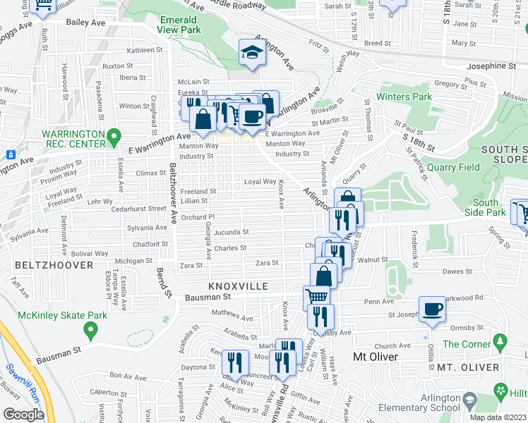 map of restaurants, bars, coffee shops, grocery stores, and more near 221 Orchard Place in Pittsburgh