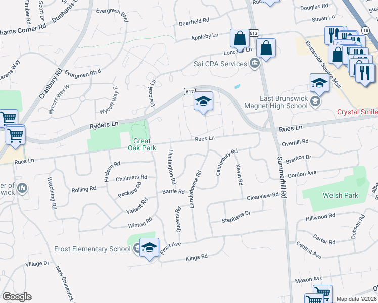 map of restaurants, bars, coffee shops, grocery stores, and more near 17 Landsdowne Road in East Brunswick