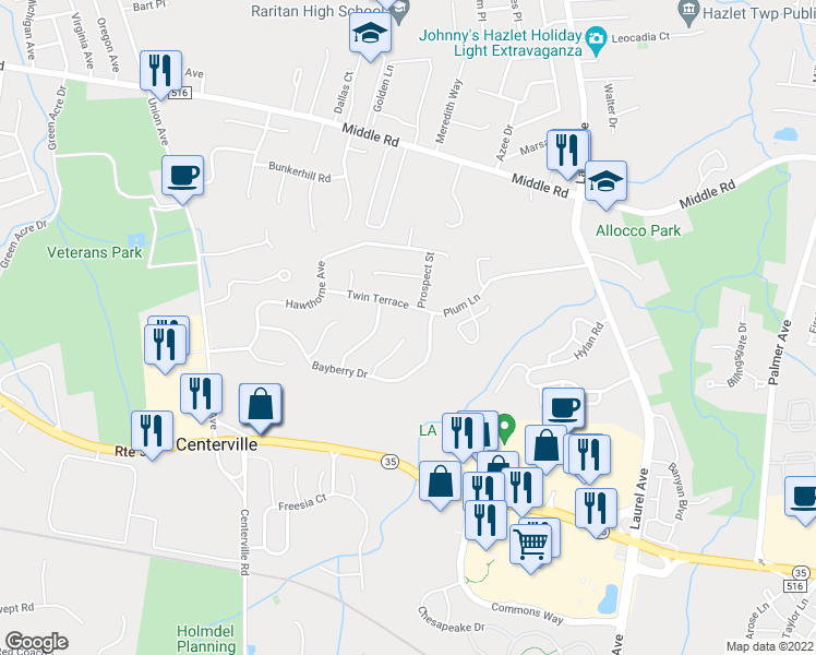 map of restaurants, bars, coffee shops, grocery stores, and more near 12 Dakota Court in Holmdel