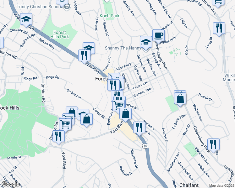 map of restaurants, bars, coffee shops, grocery stores, and more near 2145 Ardmore Boulevard in Pittsburgh