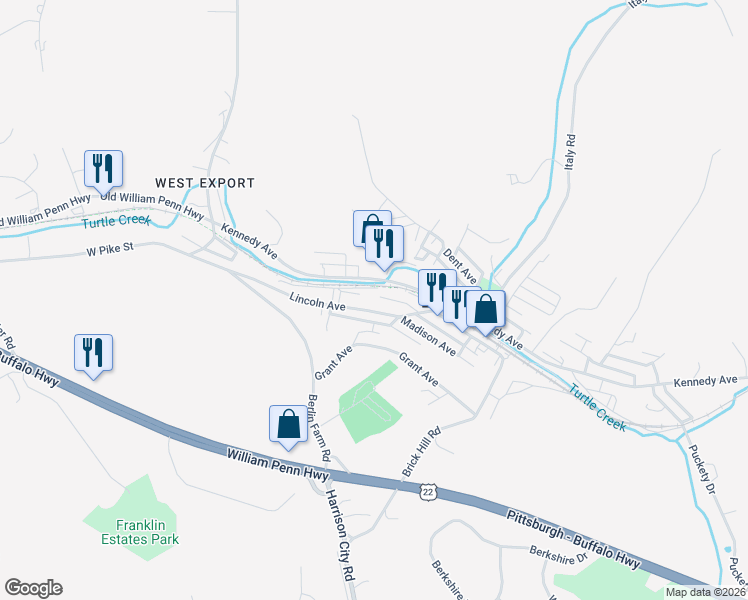 map of restaurants, bars, coffee shops, grocery stores, and more near 5749 Harrison Avenue in Export
