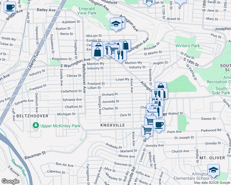 map of restaurants, bars, coffee shops, grocery stores, and more near 307 Sylvania Way in Pittsburgh