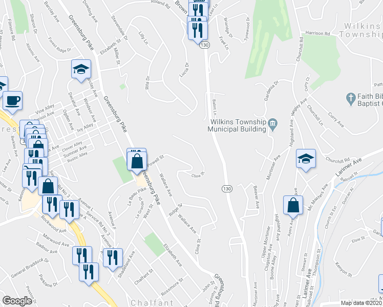map of restaurants, bars, coffee shops, grocery stores, and more near 146 Powell Street in East Pittsburgh
