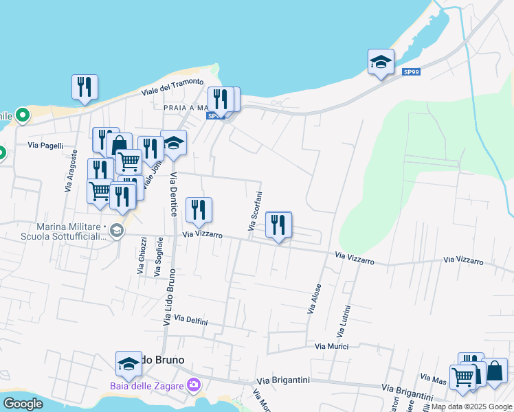 map of restaurants, bars, coffee shops, grocery stores, and more near 9 Via Scorfani in Taranto