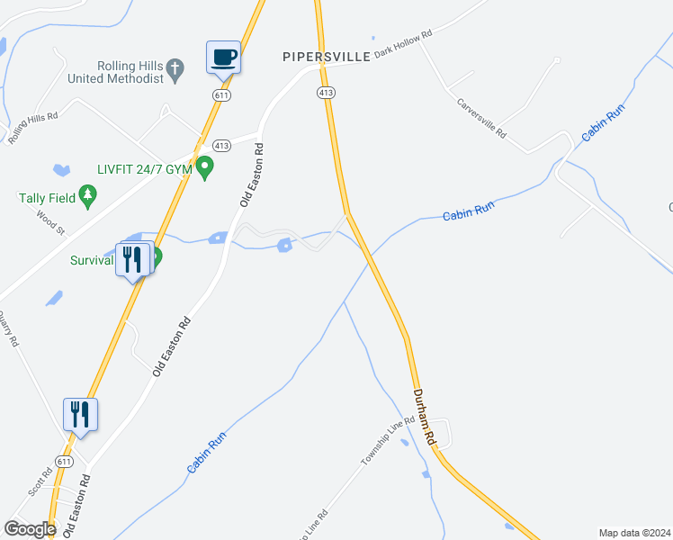 map of restaurants, bars, coffee shops, grocery stores, and more near 6398 Durham Road in Bucks County