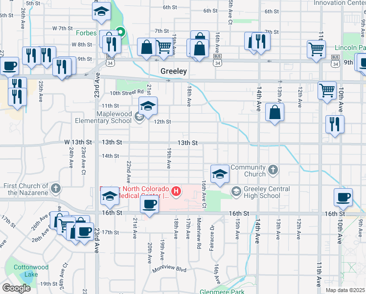 map of restaurants, bars, coffee shops, grocery stores, and more near 1806 13th Street in Greeley