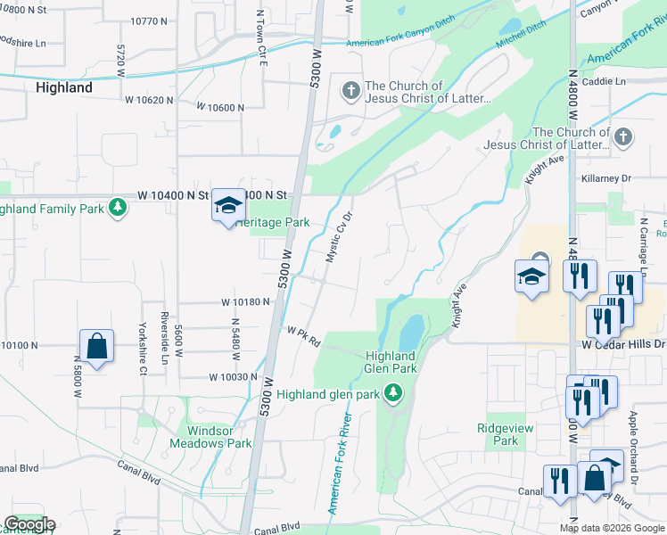 map of restaurants, bars, coffee shops, grocery stores, and more near 10248 North Mystic Drive in Highland