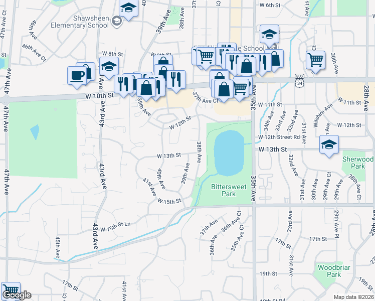 map of restaurants, bars, coffee shops, grocery stores, and more near 3813 West 13th Street in Greeley