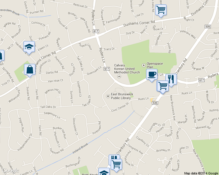map of restaurants, bars, coffee shops, grocery stores, and more near 572 Ryders Lane in East Brunswick