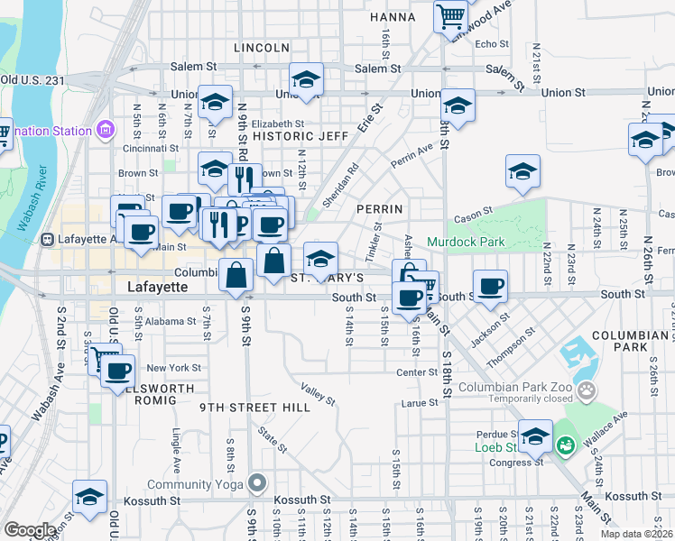 map of restaurants, bars, coffee shops, grocery stores, and more near 1217 Main Street in Lafayette