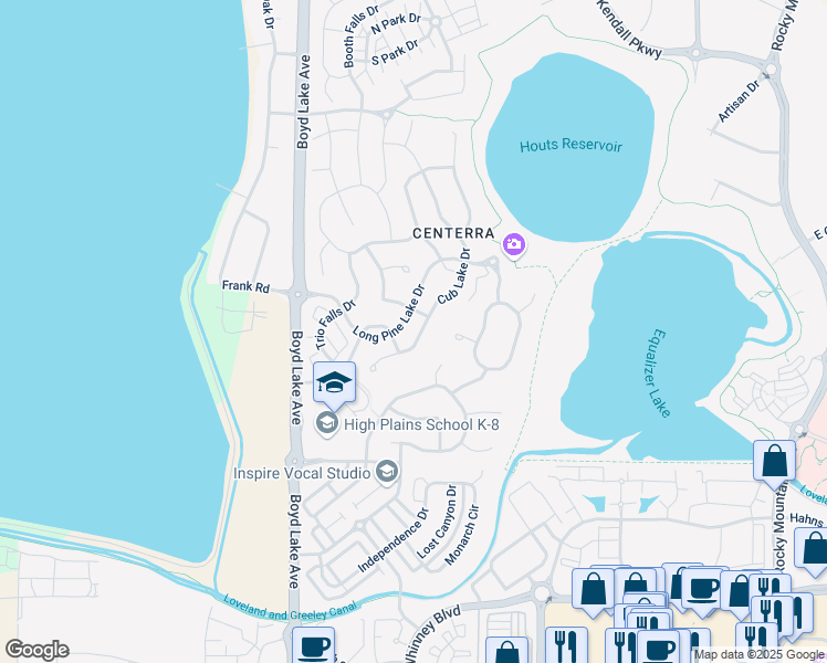 map of restaurants, bars, coffee shops, grocery stores, and more near 2704 Saltbrush Drive in Loveland