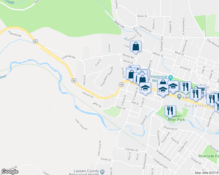 map of restaurants, bars, coffee shops, grocery stores, and more near 400 Main Street in Susanville