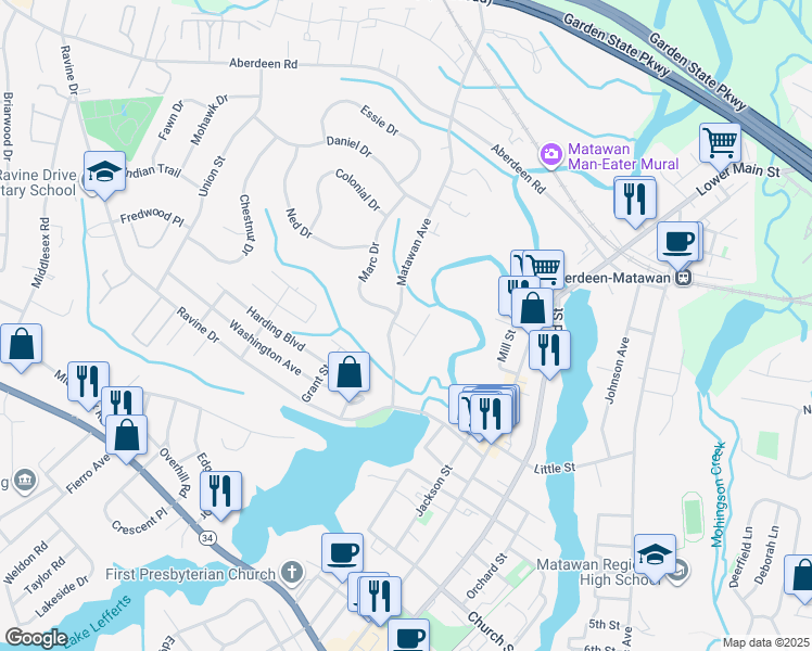 map of restaurants, bars, coffee shops, grocery stores, and more near 250 Matawan Avenue in Matawan