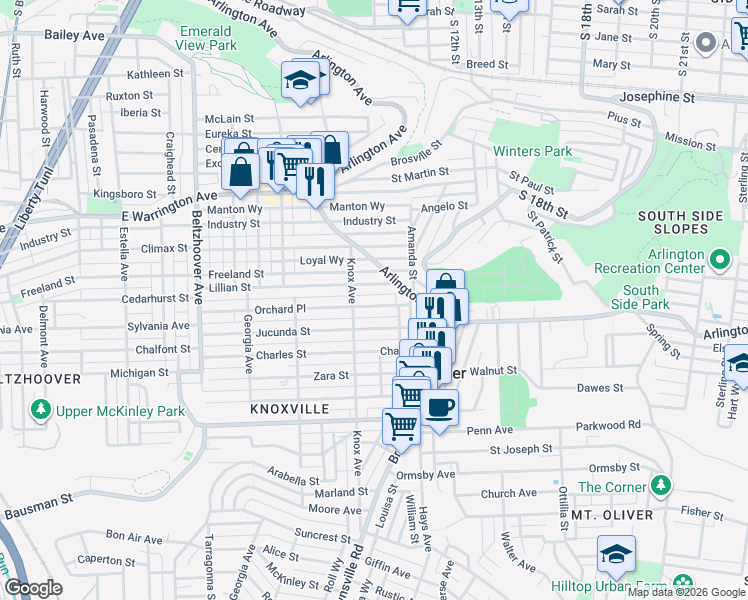 map of restaurants, bars, coffee shops, grocery stores, and more near 405 Knox Avenue in Pittsburgh