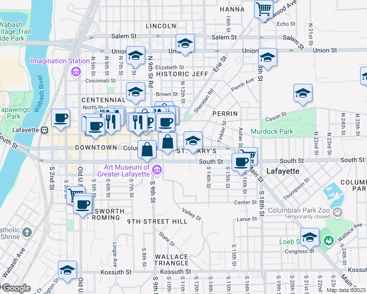 map of restaurants, bars, coffee shops, grocery stores, and more near 1109 Main Street in Lafayette
