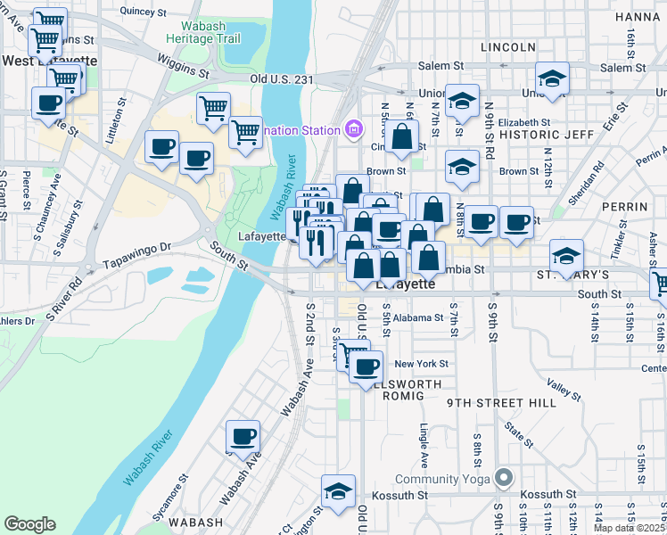 map of restaurants, bars, coffee shops, grocery stores, and more near 219 Main Street in Lafayette