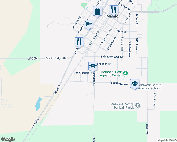 map of restaurants, bars, coffee shops, grocery stores, and more near 701-799 Meadow Lane in Manito