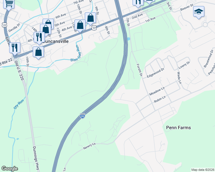 map of restaurants, bars, coffee shops, grocery stores, and more near 14 Cedar Heights Drive in Duncansville