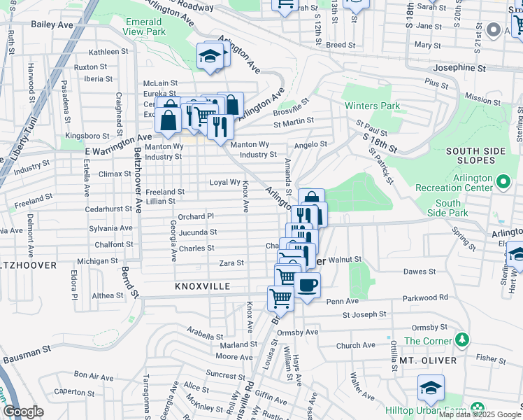 map of restaurants, bars, coffee shops, grocery stores, and more near 405 Knox Avenue in Pittsburgh
