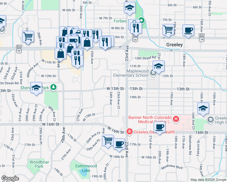 map of restaurants, bars, coffee shops, grocery stores, and more near 1224 24th Avenue in Greeley