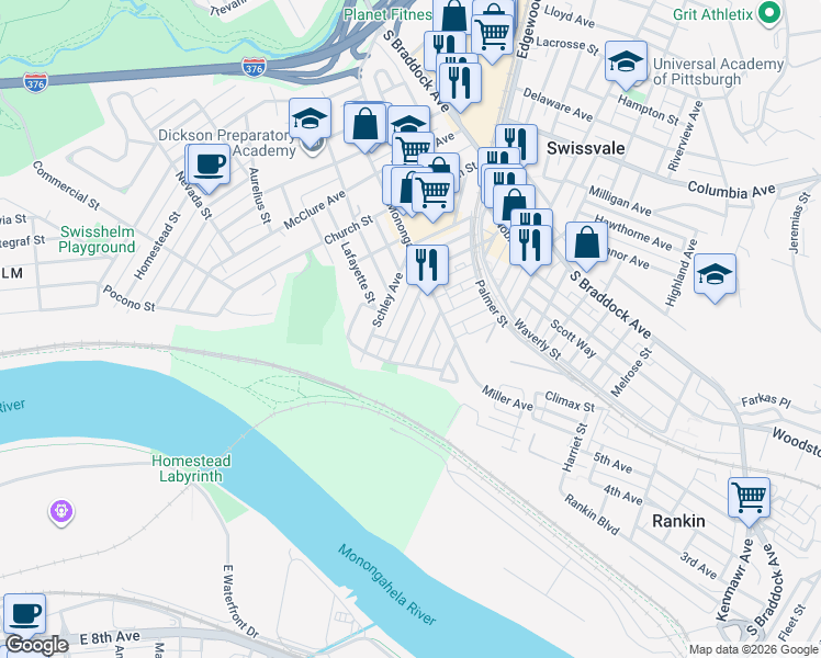 map of restaurants, bars, coffee shops, grocery stores, and more near 7347 Denniston Avenue in Pittsburgh