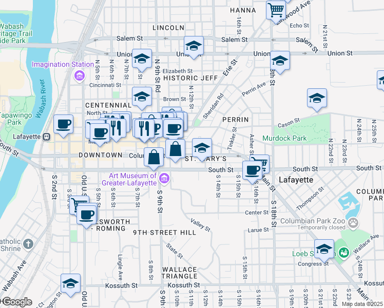 map of restaurants, bars, coffee shops, grocery stores, and more near 1116 Columbia Street in Lafayette
