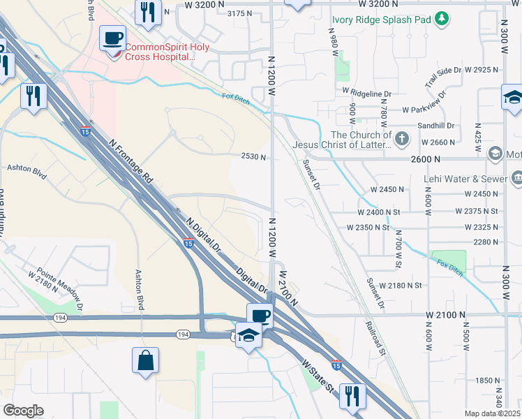 map of restaurants, bars, coffee shops, grocery stores, and more near 2377 North 1200 West in Lehi