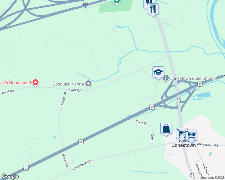 map of restaurants, bars, coffee shops, grocery stores, and more near 122 Awol Road in Jonestown